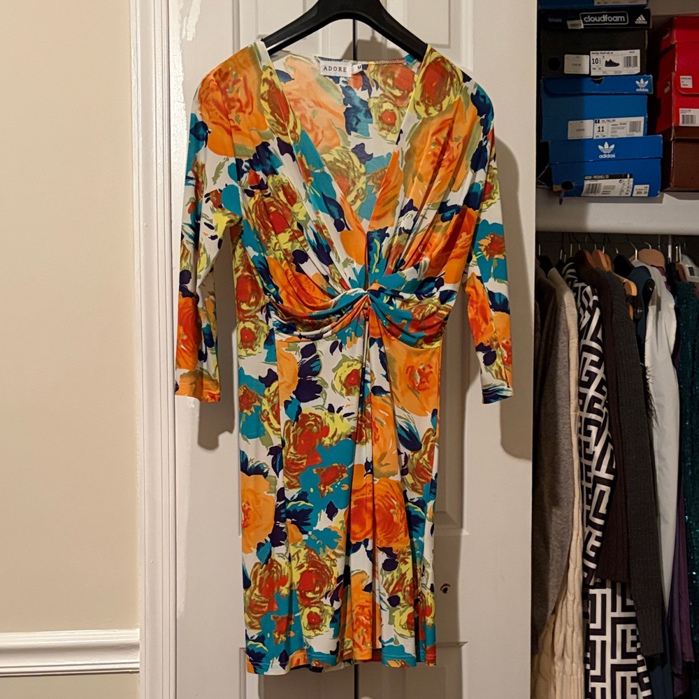 Adore Vibrant Long Sleeve Dress with Orange and Blue Floral